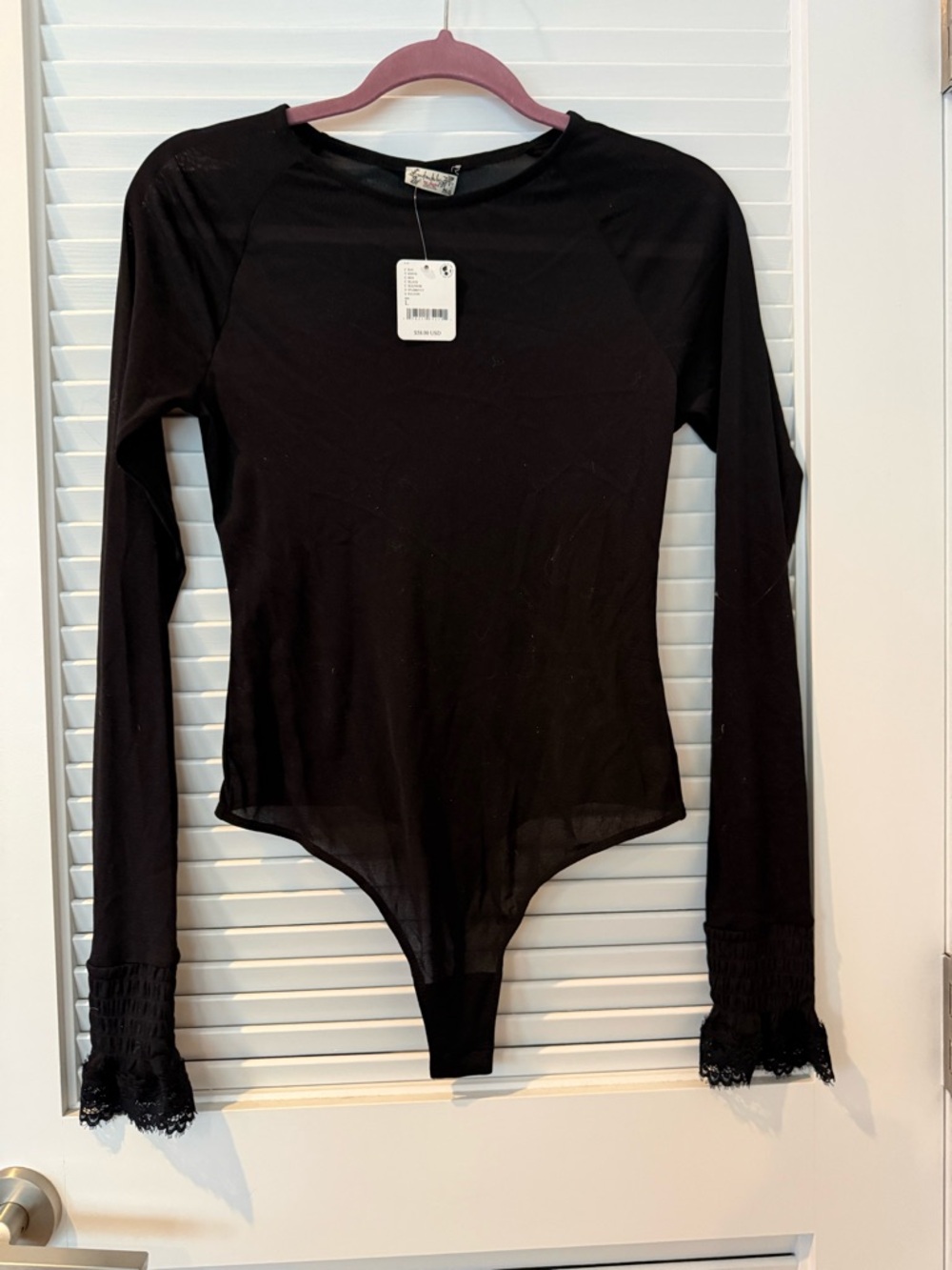 Free People Black Long Sleeve Lace Cuff Bodysuit